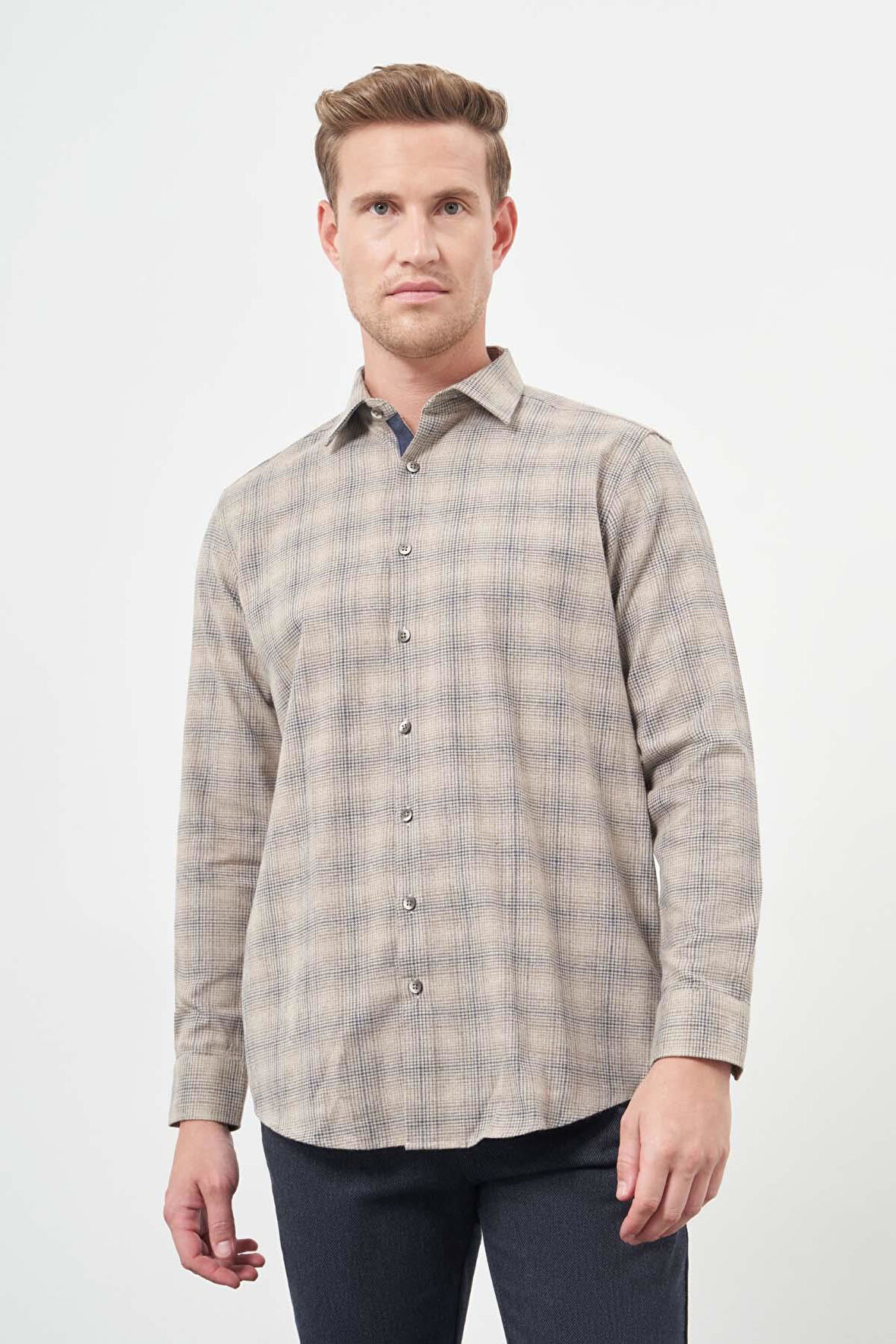 Camel Uzun Kol Ekose Desen Gabardin Sert Yaka Cepsiz Pamuklu Classic Comfort Fit Gömlek 1004245165