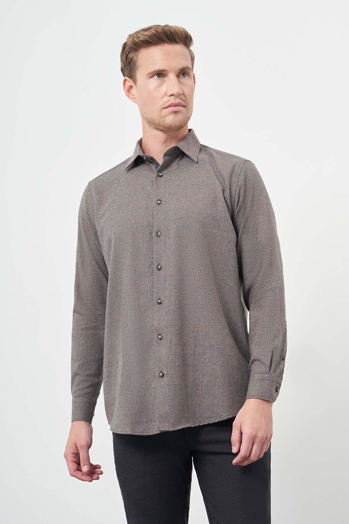 Koyu Kahverengi Uzun Kol Kareli Desen Gabardin Sert Yaka Cepsiz Pamuklu Classic Comfort Fit Gömlek 1004245166