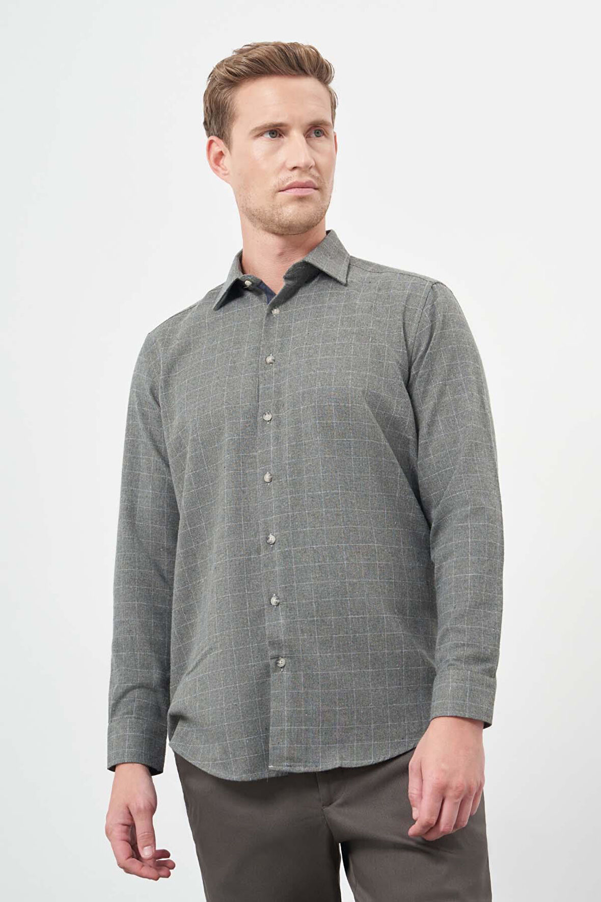 Koyu Haki Uzun Kol Kareli Desen Gabardin Sert Yaka Cepsiz Pamuklu Classic Comfort Fit Gömlek 1004245166