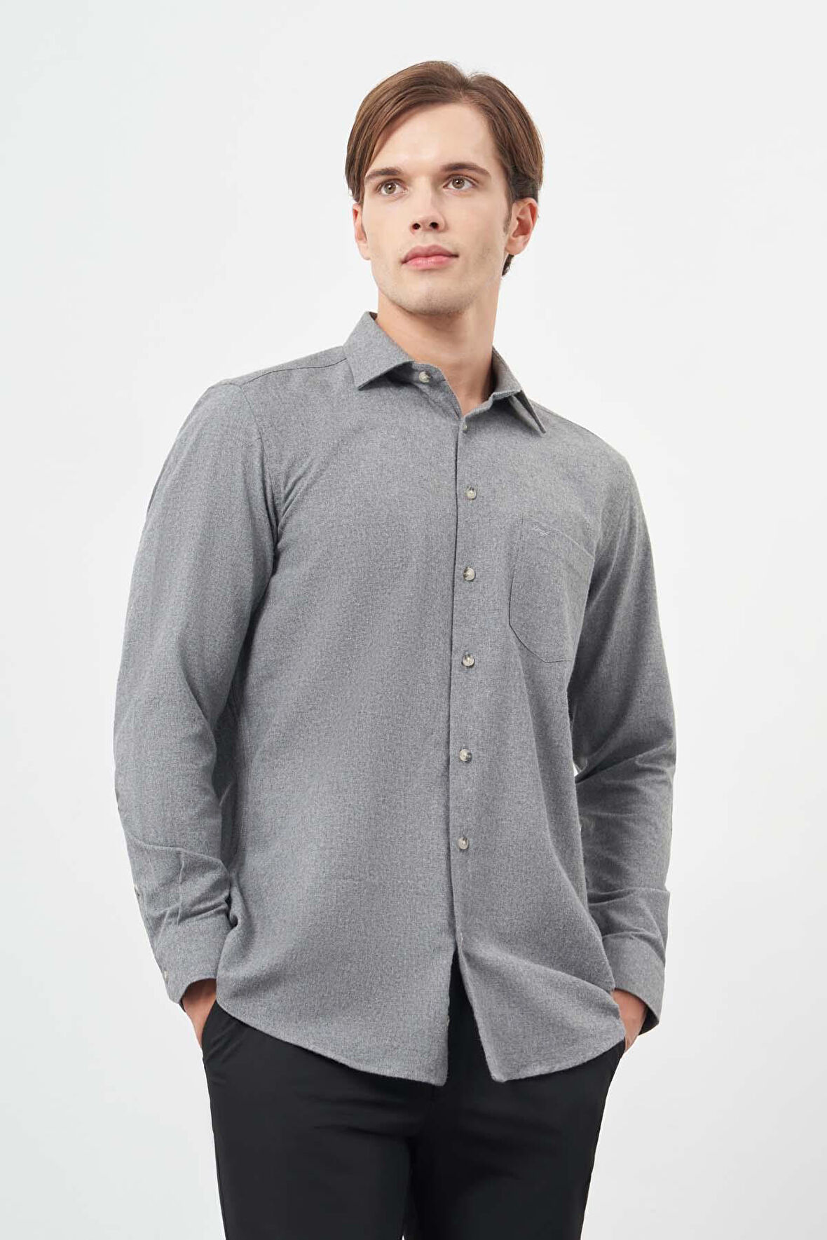 Füme Uzun Kol Düz Gabardin Sert Yaka Cepli Pamuklu Classic Comfort Fit Gömlek 1004245168