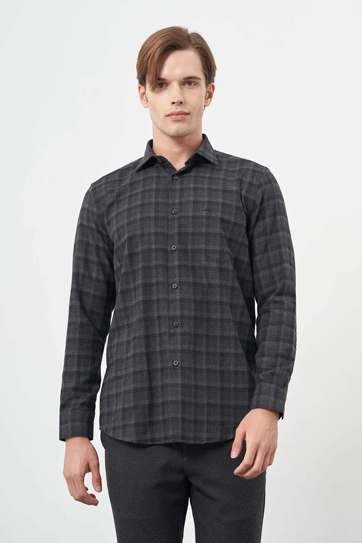 Siyah Uzun Kol Ekose Desen Gabardin Sert Yaka Cepli Pamuklu Classic Comfort Fit Gömlek 1004245169