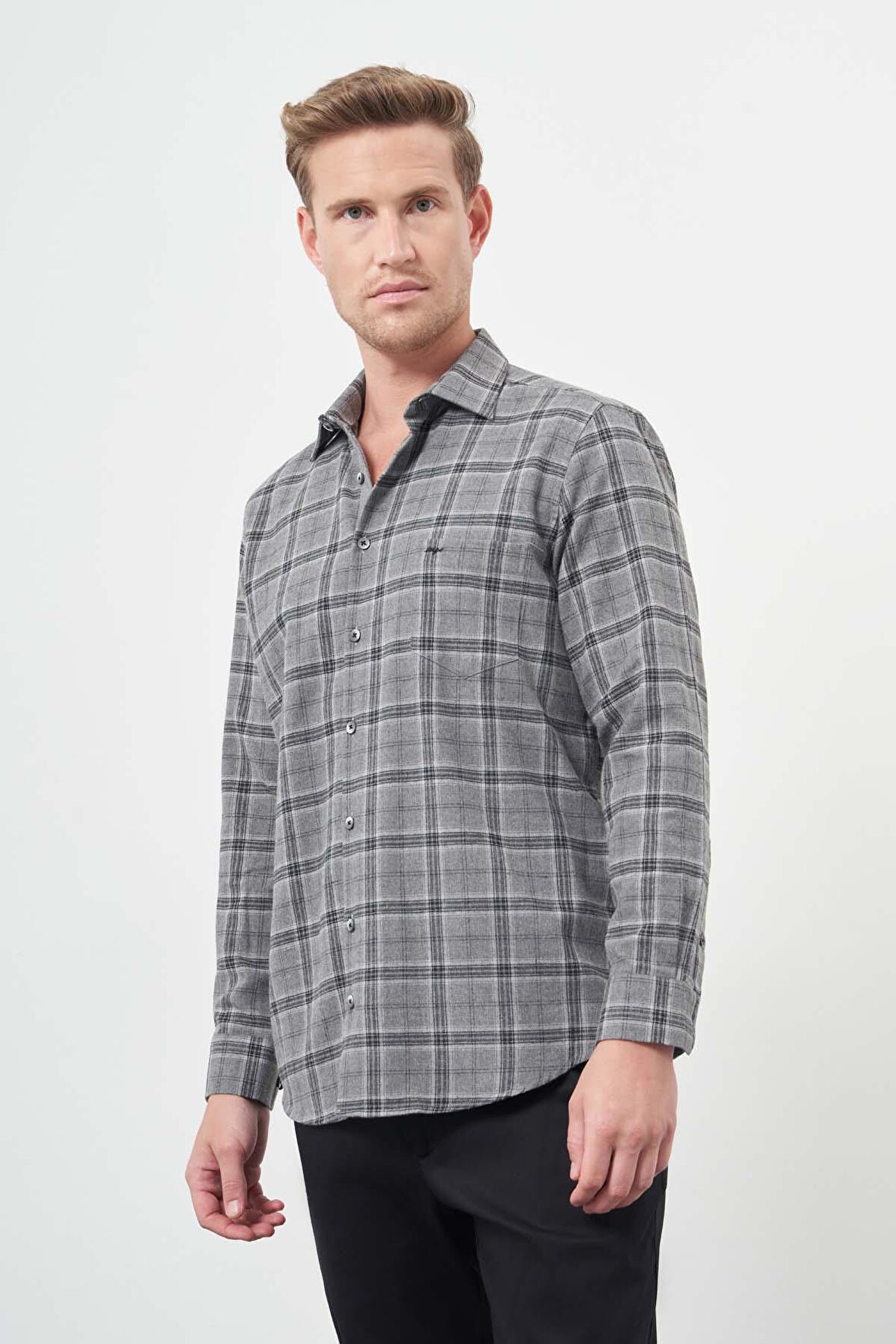 Füme Uzun Kol Ekose Desen Gabardin Sert Yaka Cepli Pamuklu Classic Comfort Fit Gömlek 1004245170