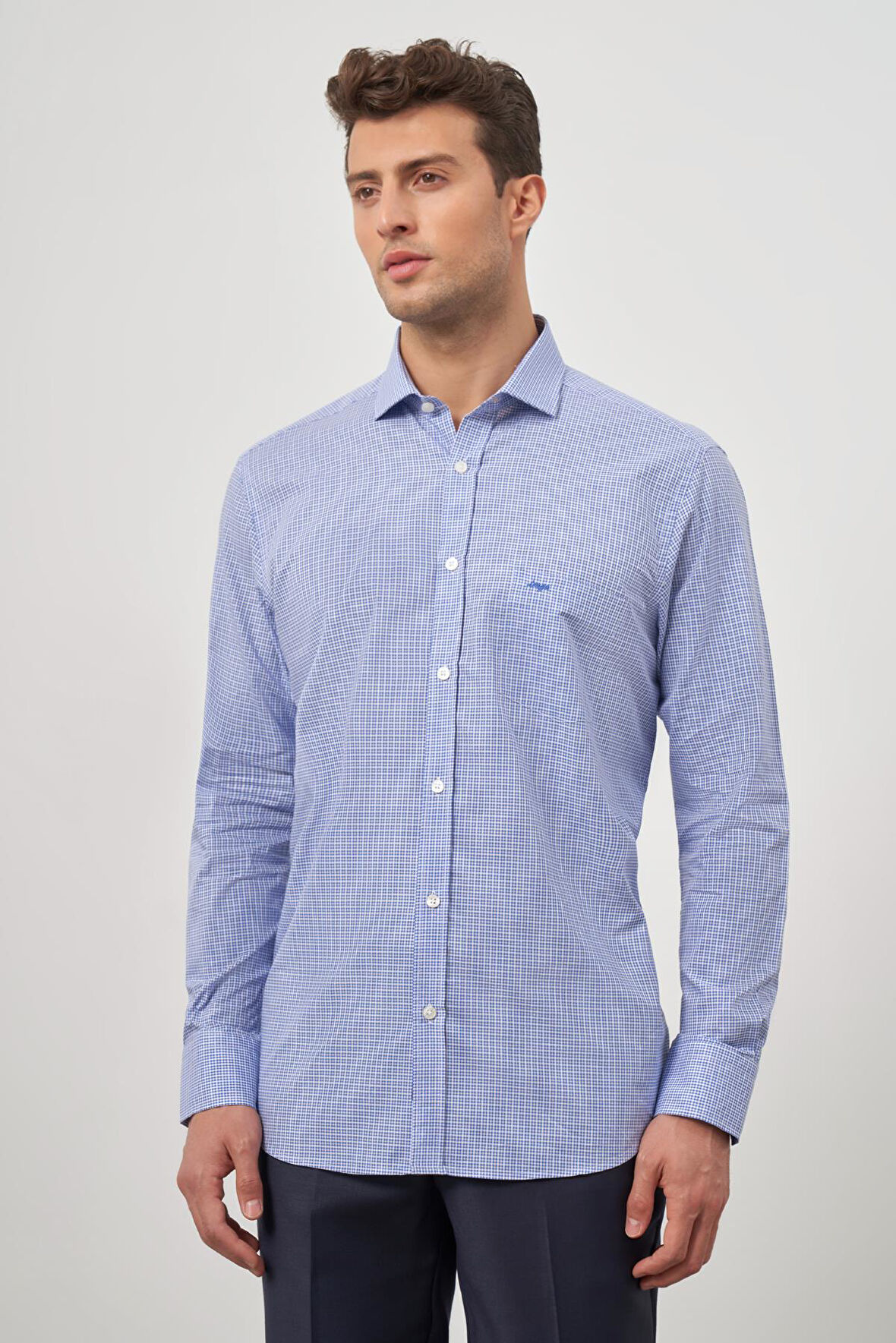 Saks Uzun Kol Kareli Desen Bez Ayağı Yarım İtalyan Sert Yaka Cepli %100 Pamuk Classic Comfort Fit Gömlek 1004245188