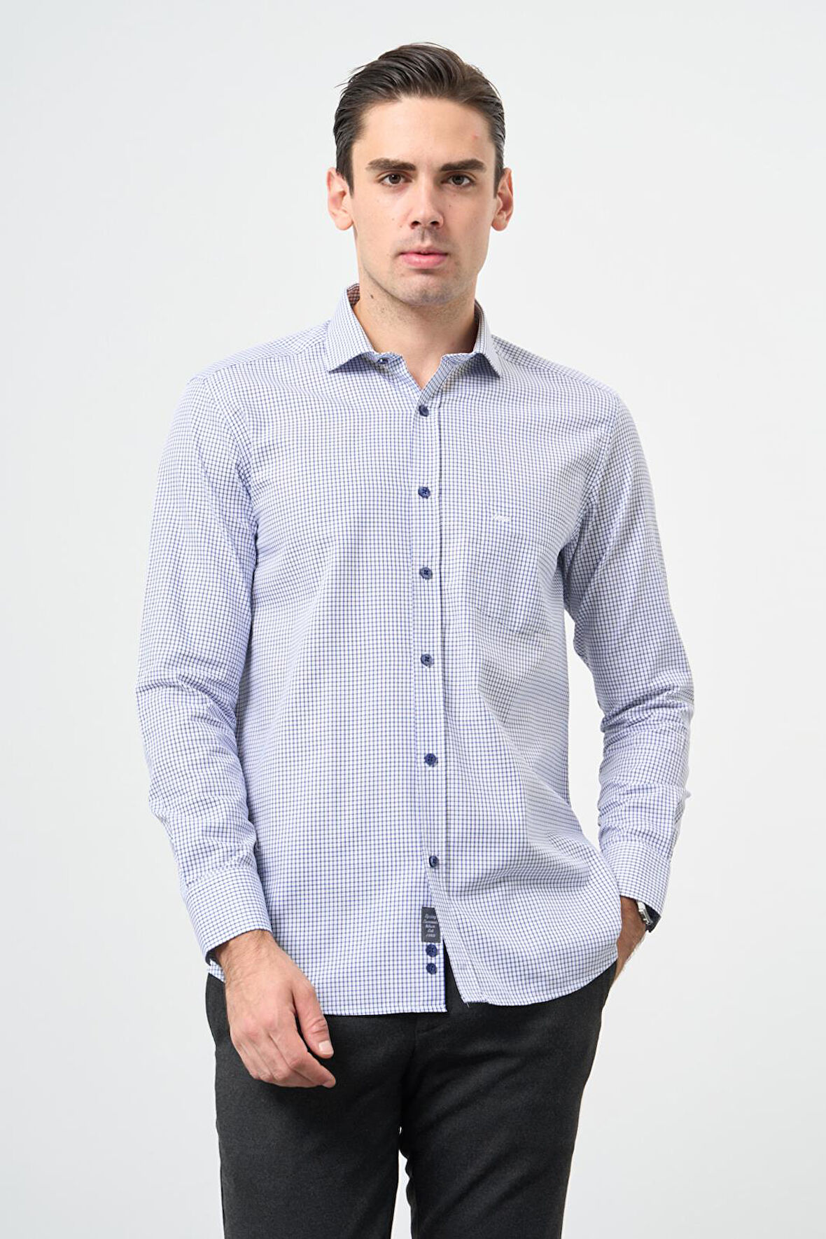 Beyaz Uzun Kol Kareli Desen Oxford Yarım İtalyan Yaka Cepli Pamuklu Classic Comfort Fit Gömlek 1004245200