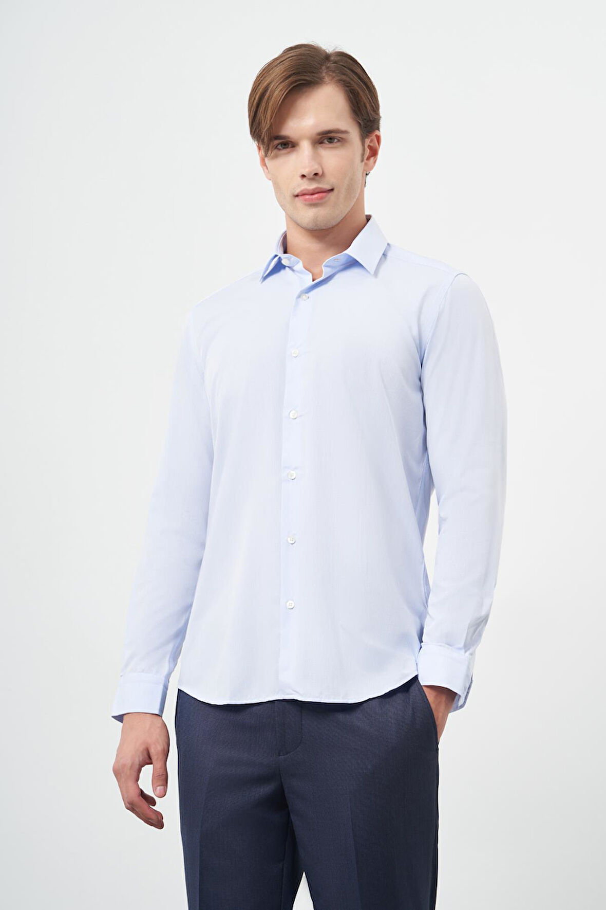 Koyu Mavi Uzun Kol Kendinden Desenli Armürlü Sert Yaka Cepsiz Pamuklu Classic Slim Fit Gömlek 1004245202