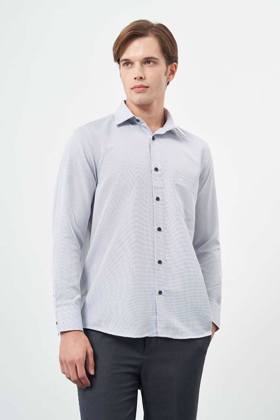 Koyu Lacivert Uzun Kol Kendinden Desenli Bez Ayağı Sert Yaka Cepli Pamuklu Classic Comfort Fit Gömlek 1004245213