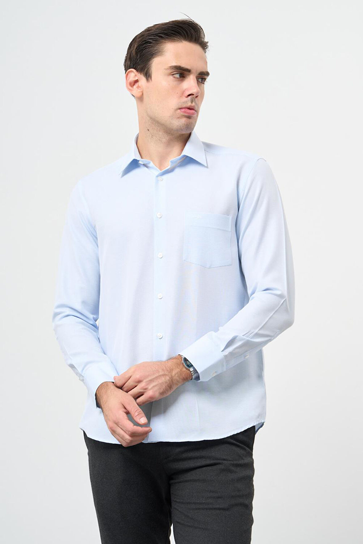 Mavi Uzun Kol Kendinden Desenli Bez Ayağı Sert Yaka Cepli Pamuklu Classic Comfort Fit Gömlek 1004245213