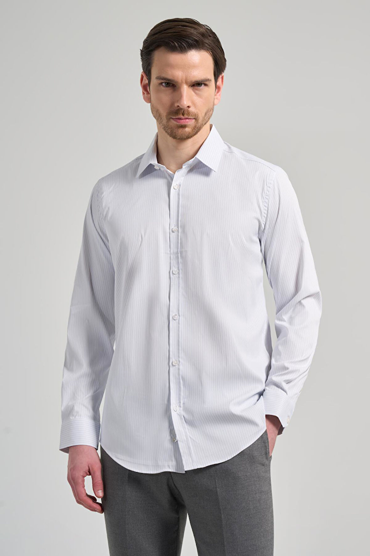Beyaz Uzun Kol Desen Yarım İtalyan Yaka Cepsiz esnek Classic Slim Fit Gömlek 1004245217