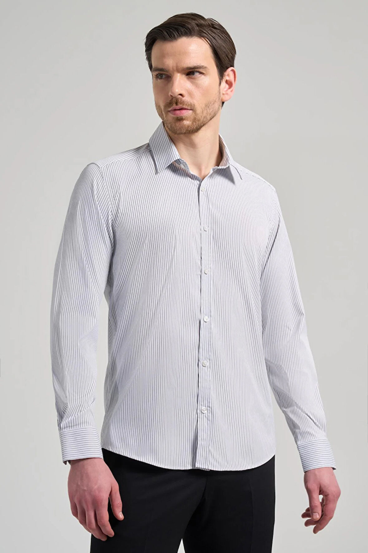 Beyaz Uzun Kol Desen Yarım İtalyan Yaka Cepsiz esnek Classic Slim Fit Gömlek 1004245218