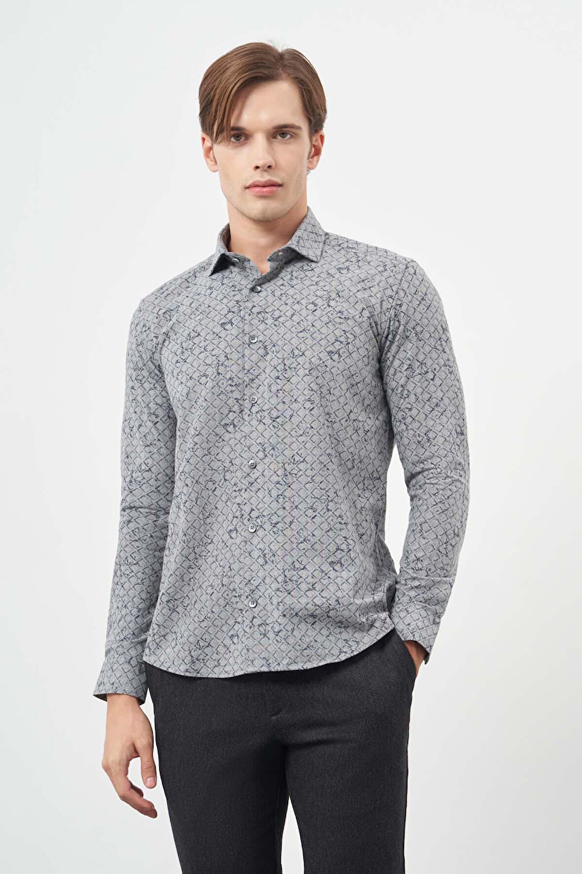 Füme Uzun Kol Baskılı Bez Ayağı Yarım İtalyan Yaka Cepsiz Pamuklu Classic Slim Fit Gömlek 1004245222