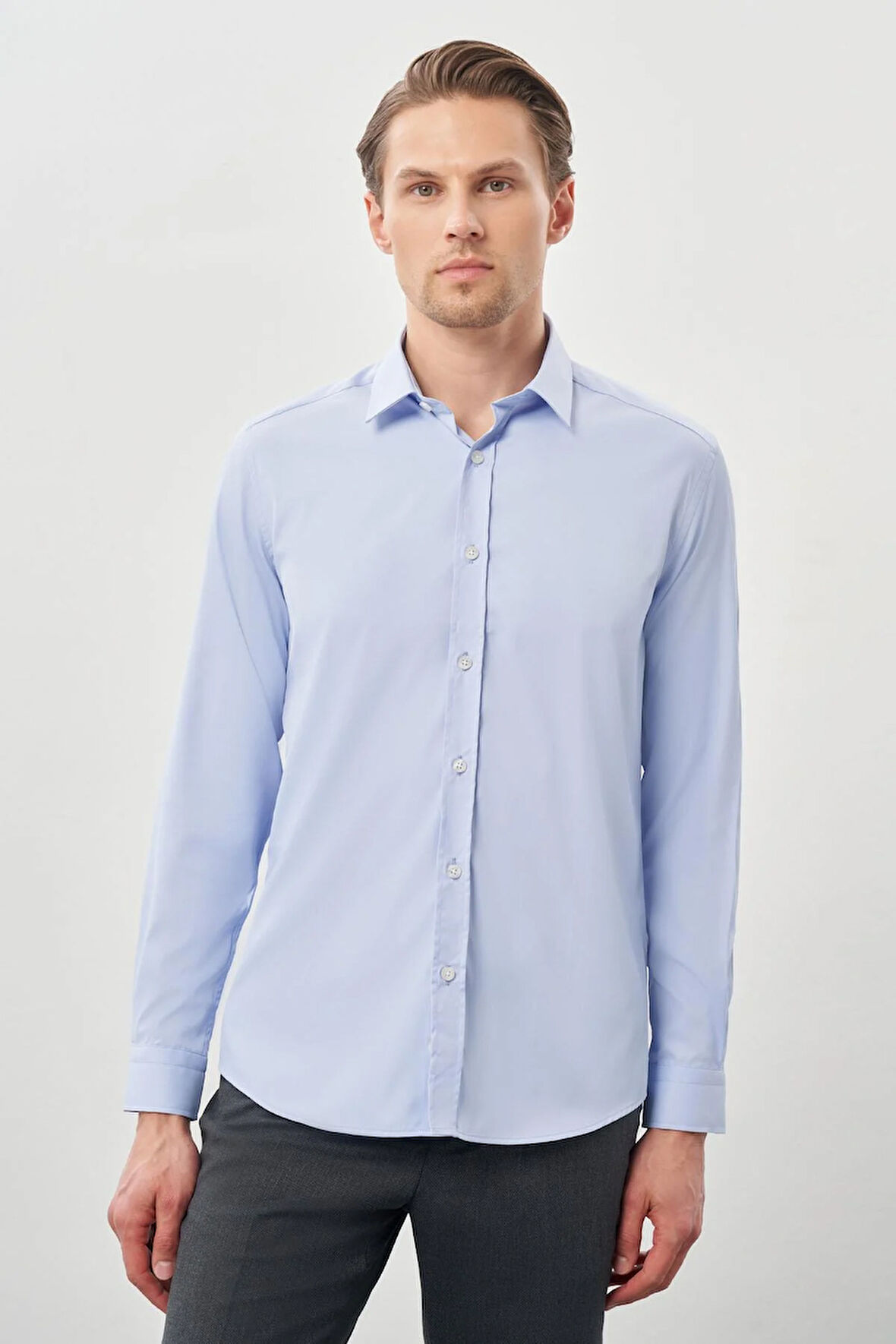 Mavi Uzun Kol Düz Bez Ayağı Sert Yaka Cepsiz Esnek Classic Slim Fit Gömlek 1004245223_301