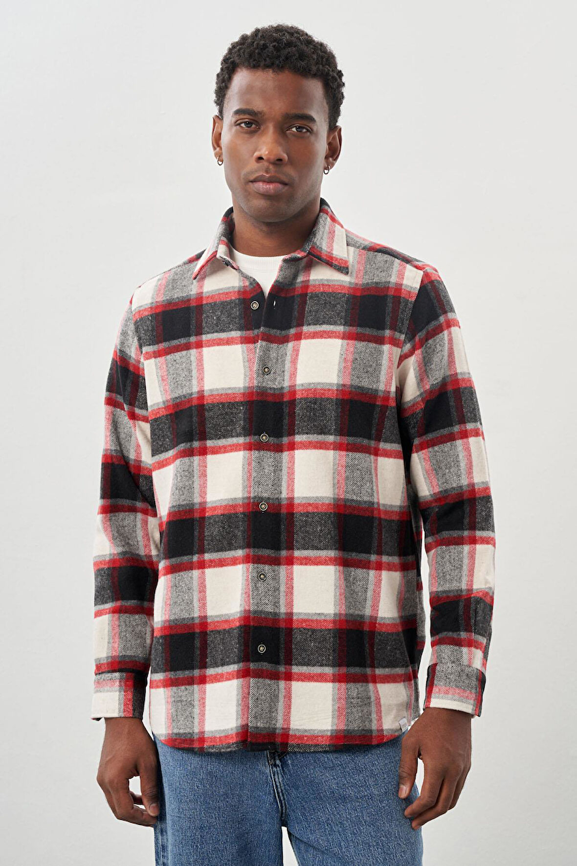 Lacivert Yünlü Ekose Desen Yumuşak Yaka Cepsiz Uzun Kol Casual Comfort Fit Gömlek 1004245227