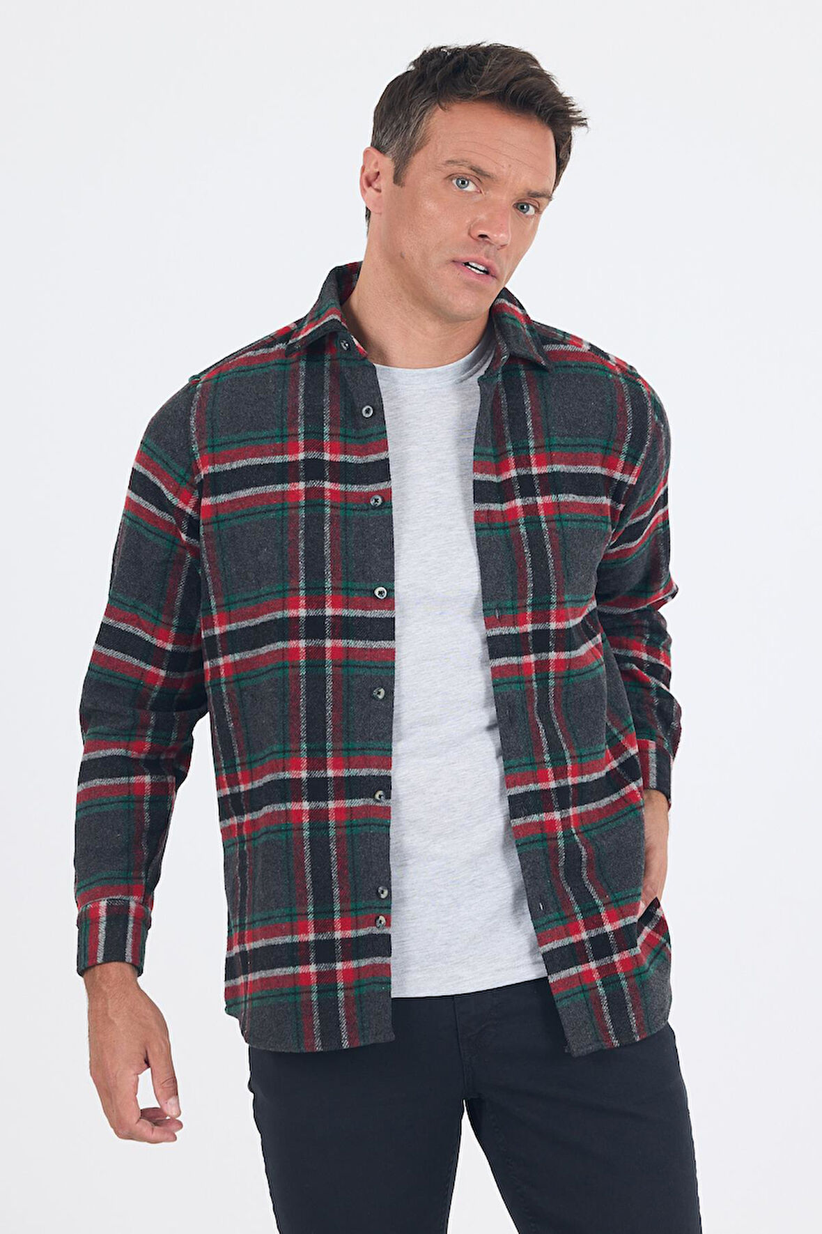 Lacivert Yünlü Ekose Desen Yumuşak Yaka Cepsiz Uzun Kol Casual Comfort Fit Gömlek 1004245227