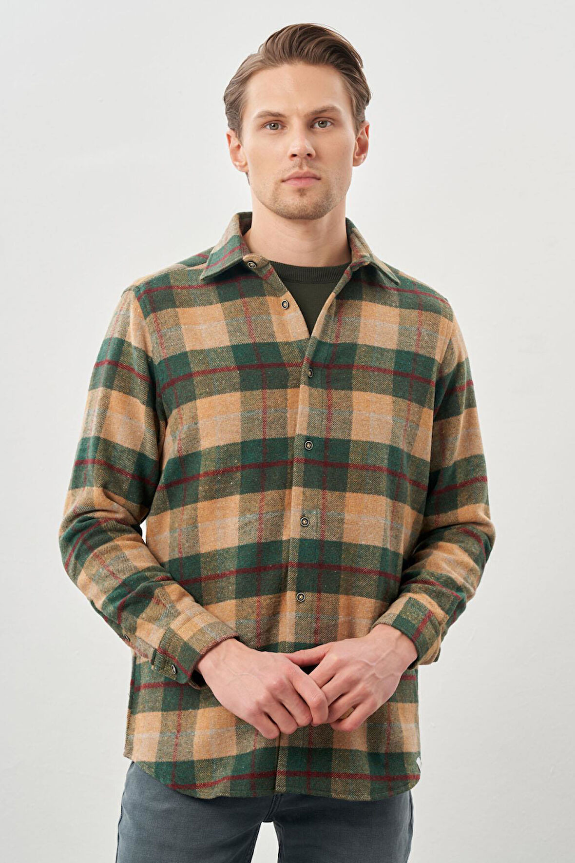 Camel Yünlü Ekose Desen Yumuşak Yaka Cepsiz Uzun Kol Casual Comfort Fit Gömlek 1004245227