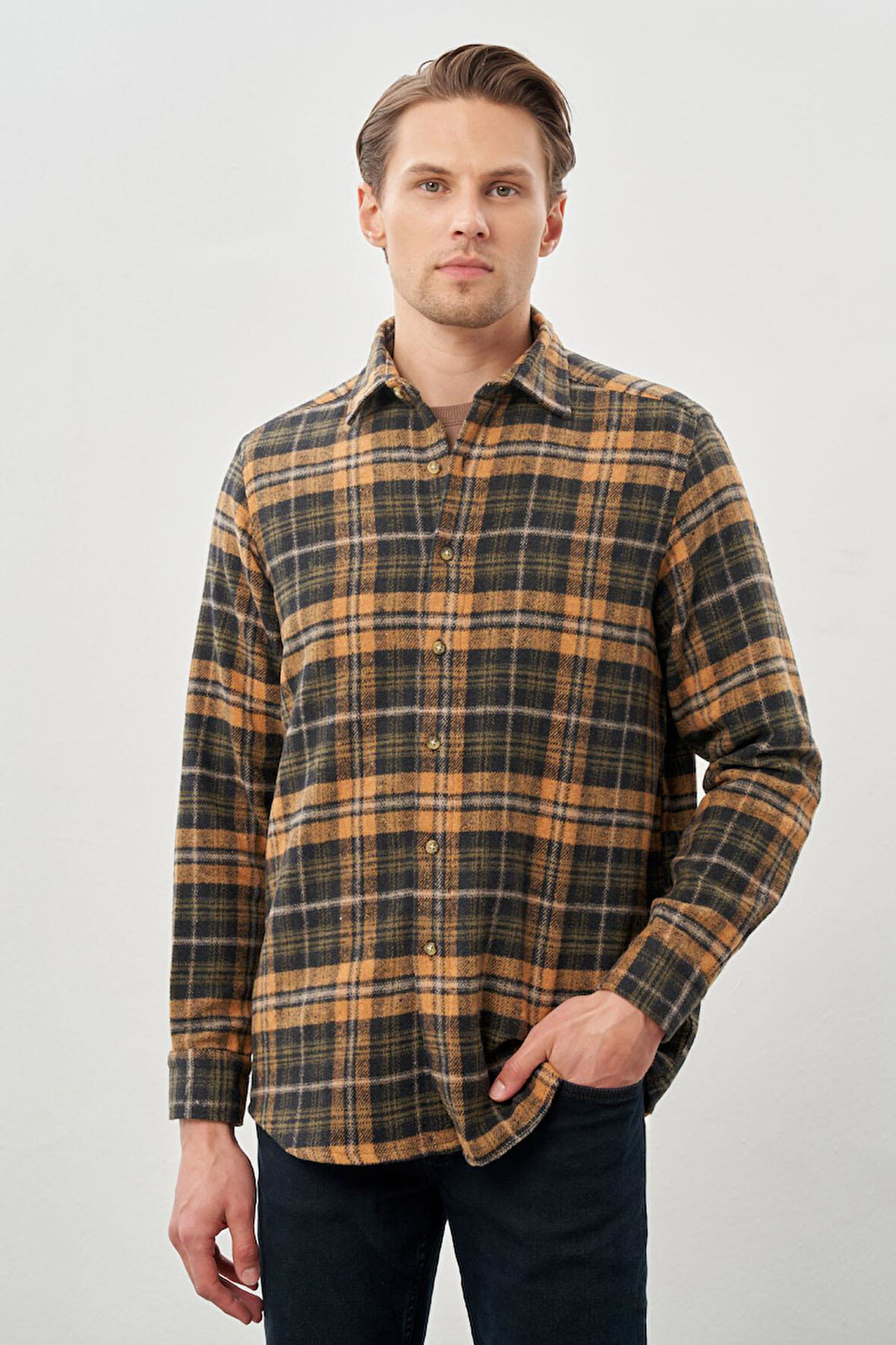 Hardal Yünlü Ekose Desen Yumuşak Yaka Cepsiz Uzun Kol Casual Comfort Fit Gömlek 1004245227