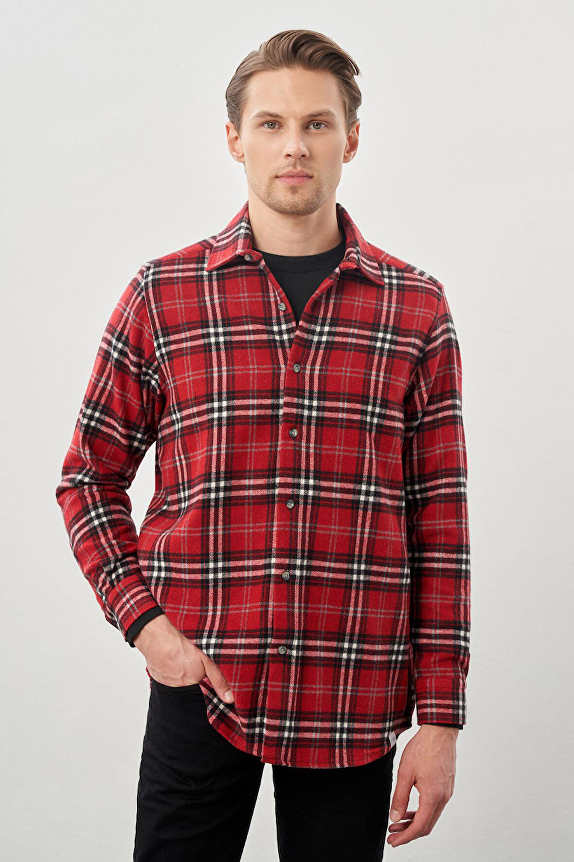 Bordo Yünlü Ekose Desen Yumuşak Yaka Cepsiz Uzun Kol Casual Comfort Fit Gömlek 1004245227