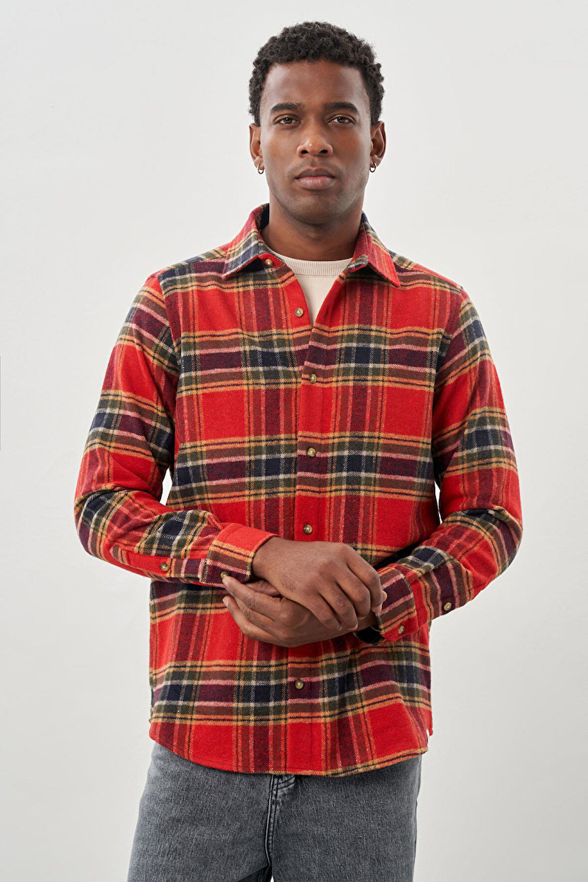 Bordo Yünlü Ekose Desen Yumuşak Yaka Cepsiz Uzun Kol Casual Comfort Fit Gömlek 1004245227