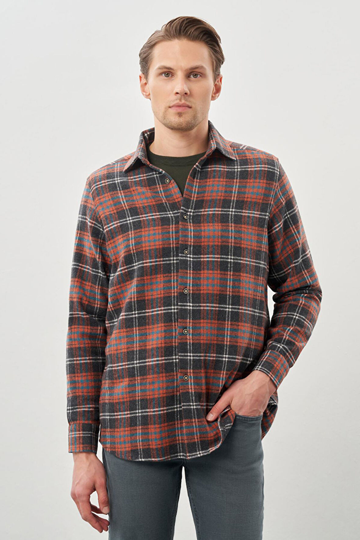 Bordo Yünlü Ekose Desen Yumuşak Yaka Cepsiz Uzun Kol Casual Comfort Fit Gömlek 1004245227