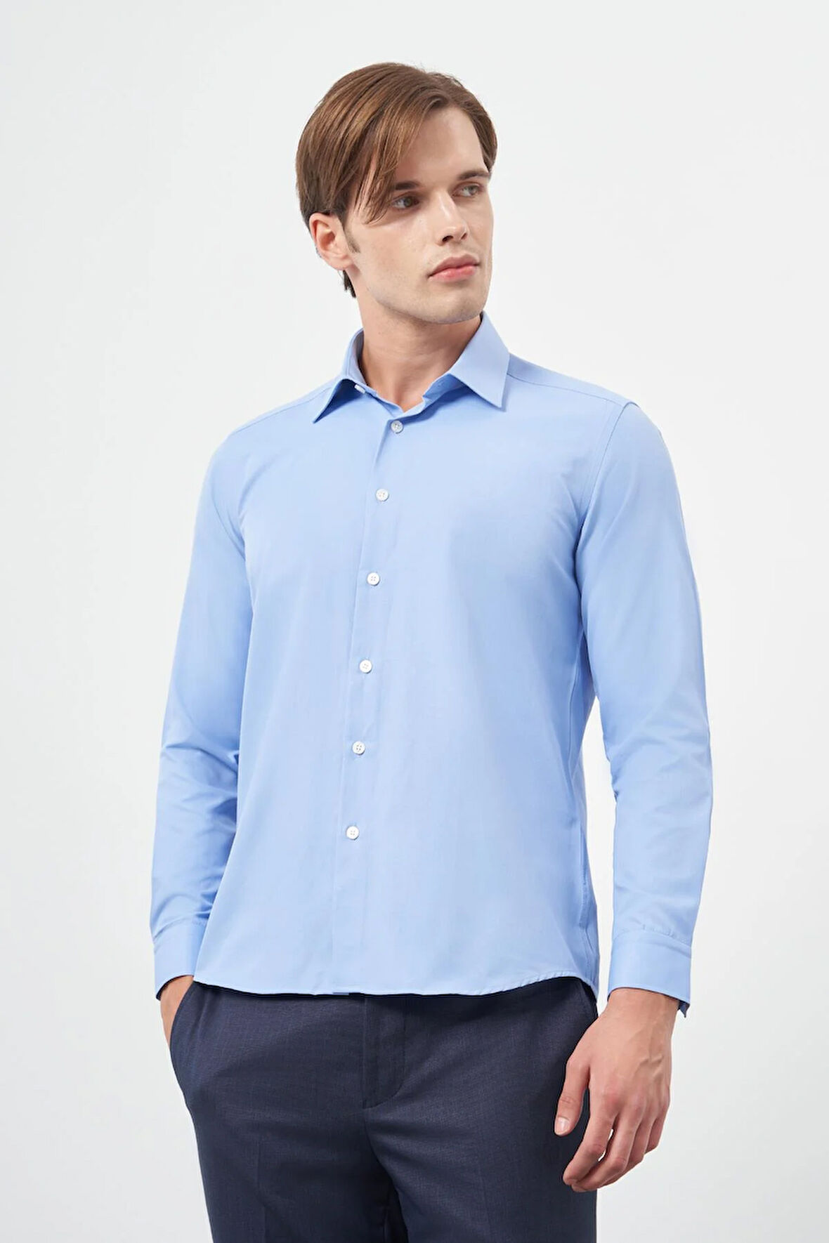 Mavi Uzun Kol Düz Bez Ayağı Sert Yaka Cepsiz Pamuklu Classic Slim Fit Gömlek 1004245267