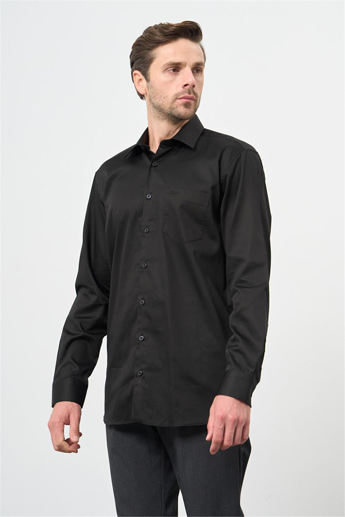 Siyah Uzun Kol Düz Bez Ayağı 041 Sert Yaka Classic Comfort Fit Gömlek 1004245323