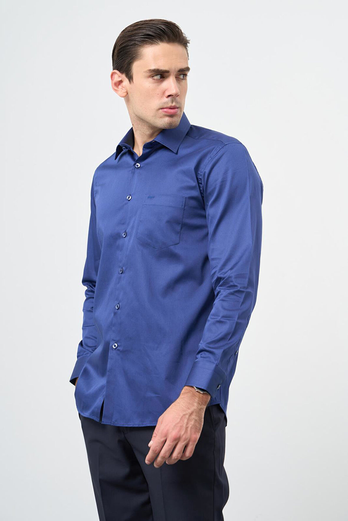 Lacivert Uzun Kol Düz Bez Ayağı 041 Sert Yaka Classic Comfort Fit Gömlek 1004245323