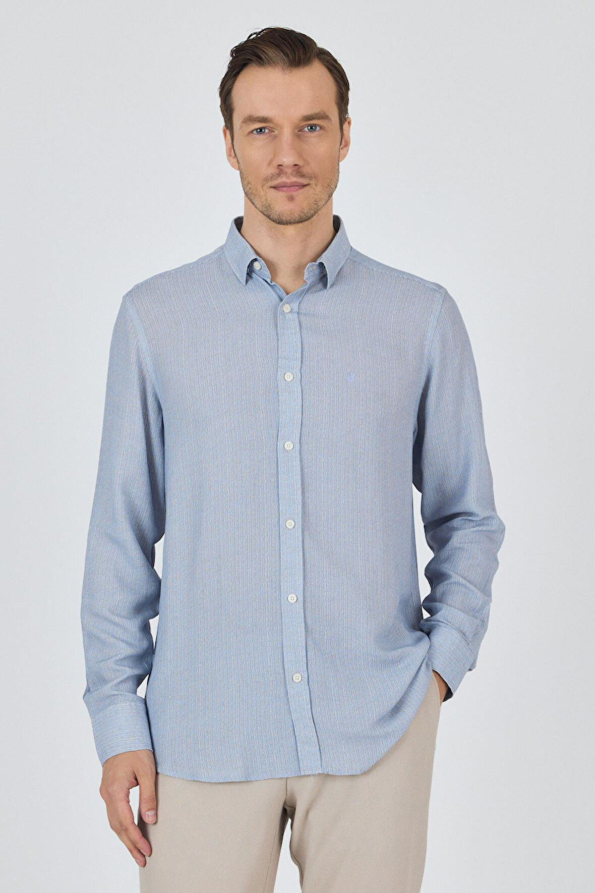 Koyu Mavi Uzun Kol Baskılı Cepsiz Keten Casual Slim Fit Gömlek 1004250112