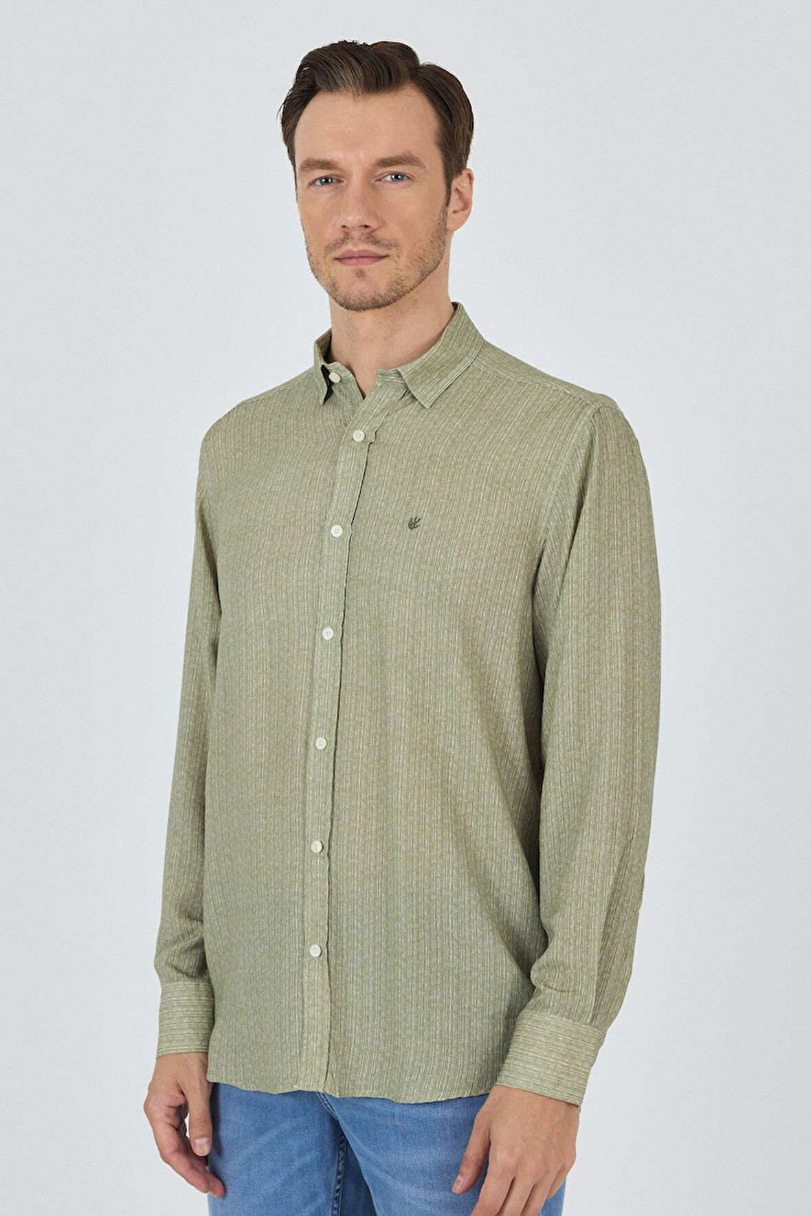 Koyu Haki Uzun Kol Baskılı Cepsiz Keten Casual Slim Fit Gömlek 1004250112