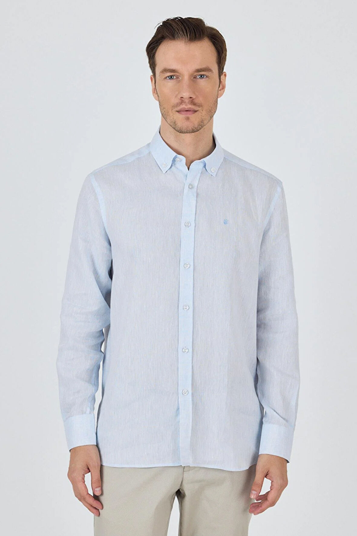 Uzun Kol Düz Keten Düğmeli Yaka Cepsiz Casual Comfort Fit Gömlek 1004250114