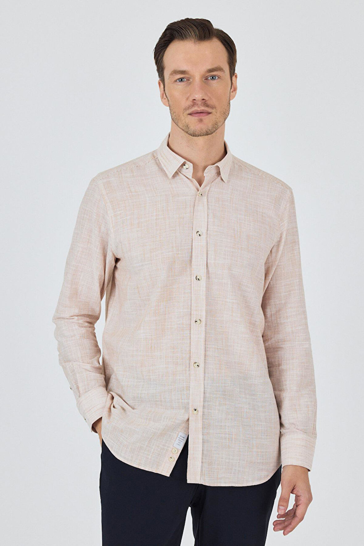 Açık Somon Uzun Kol Cepsiz Pamuk Casual Comfort Fit Gömlek 1004250127