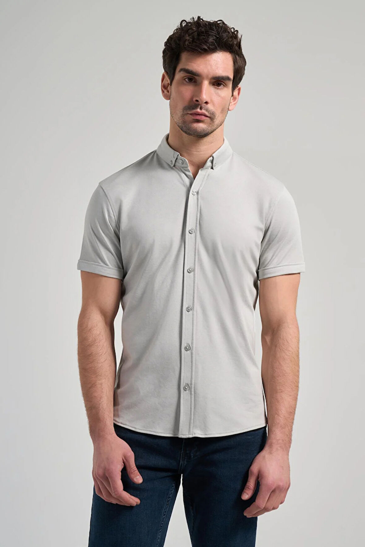 Gri Uzun Kol Düz Örme Düğmeli Yaka Cepsiz Pamuklu Classic Slim Fit Gömlek 1004250152_100