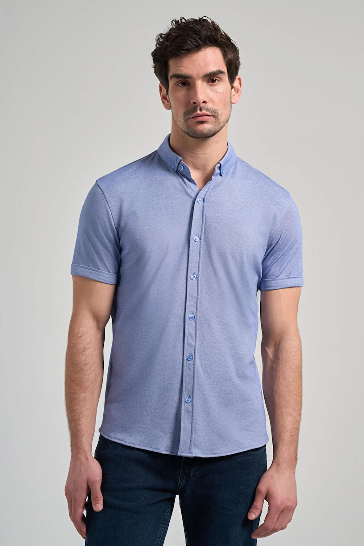 Saks Uzun Kol Düz Örme Düğmeli Yaka Cepsiz Pamuklu Classic Slim Fit Gömlek 1004250152_305