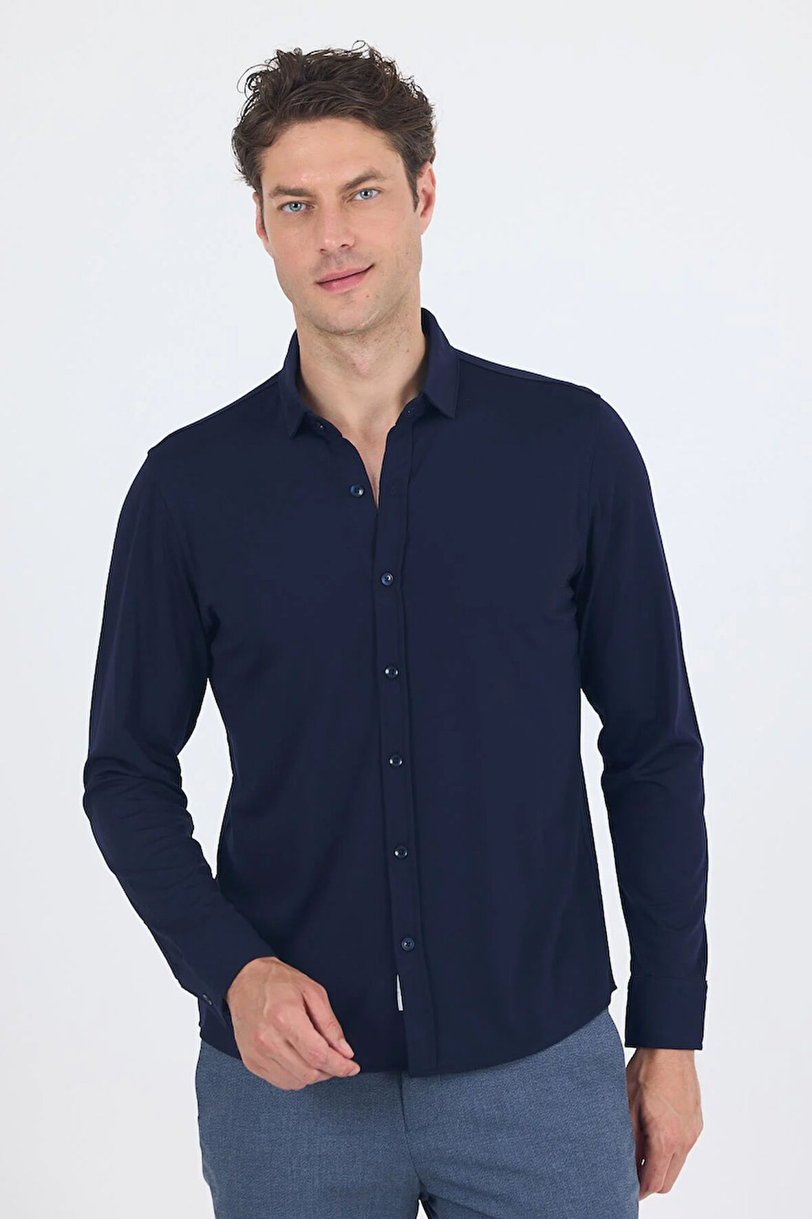 Koyu Lacivert Uzun Kol Düz Örme Polo Yaka Cepsiz Esnek Classic Slim Fit Gömlek 1004250153_200