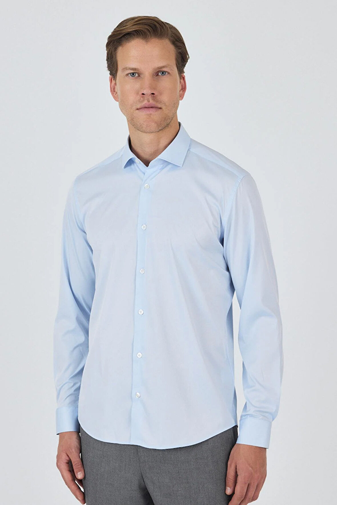 Uzun Kol Düz Bez Ayağı Sert Yaka Cepsiz Pamuklu Classic Slim Fit Gömlek 1004250160