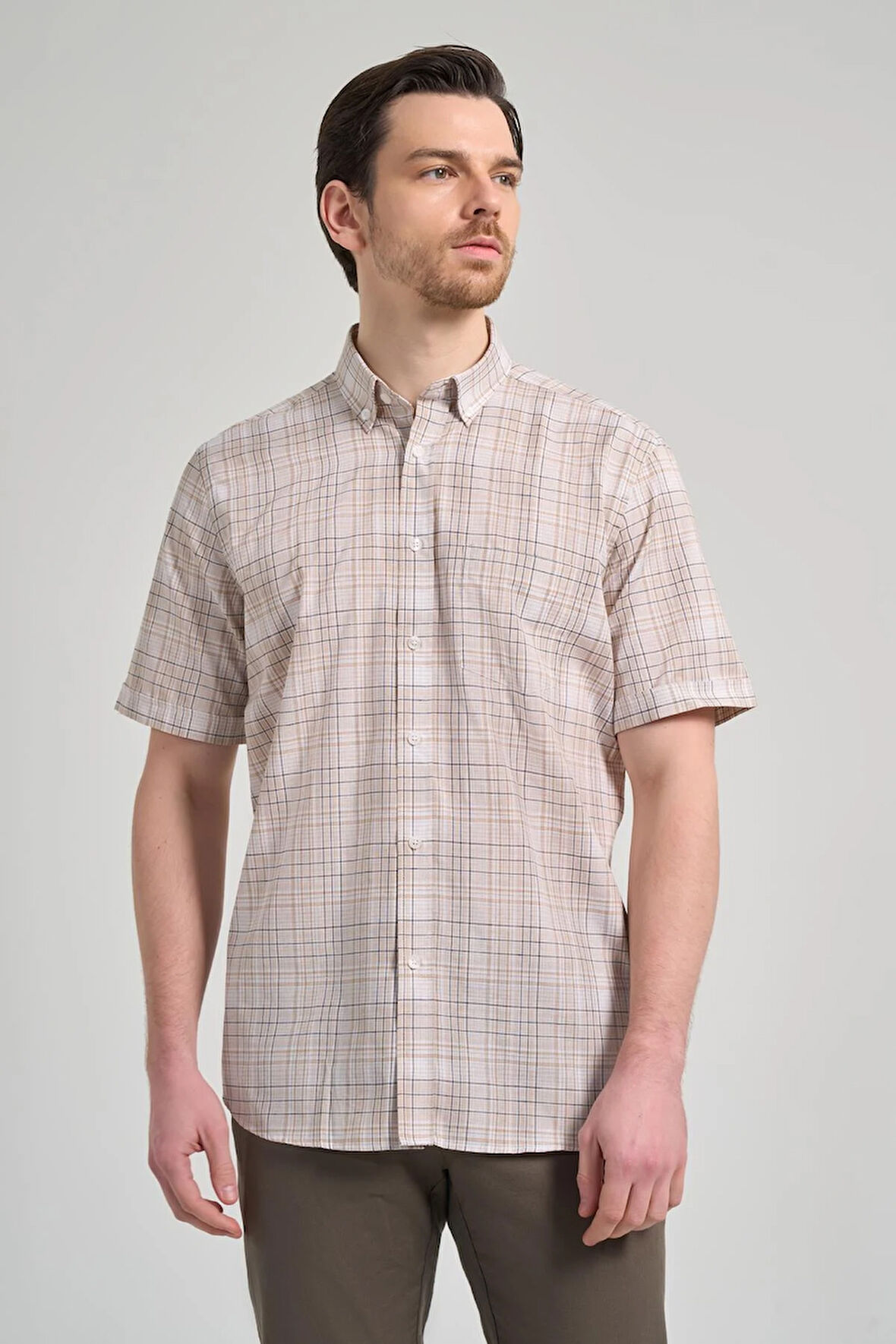 Kısa Kol Ekose Desen Bez Ayağı Düğmeli Yaka cepli Pamuklu Classic Comfort Fit Gömlek 1004250162