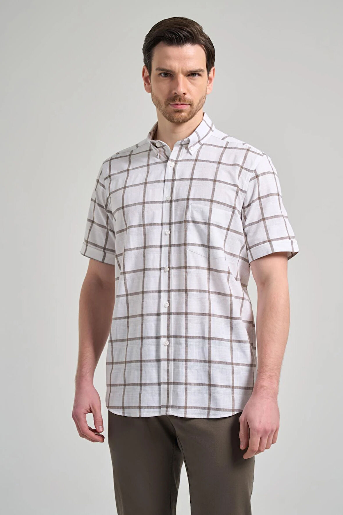 Kısa Kol Ekose Desen Armürlü Düğmeli Yaka cepli Pamuklu Classic Comfort Fit Gömlek 1004250166