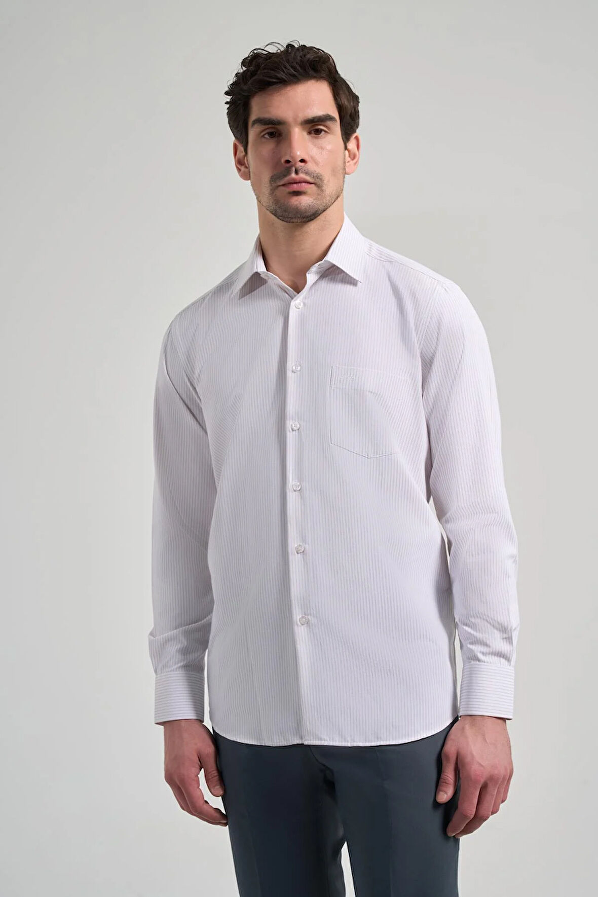 Uzun Kol Çizgili Desen Bez Ayağı Sert Yaka cepli Pamuklu Classic Comfort Fit Gömlek 1004250172