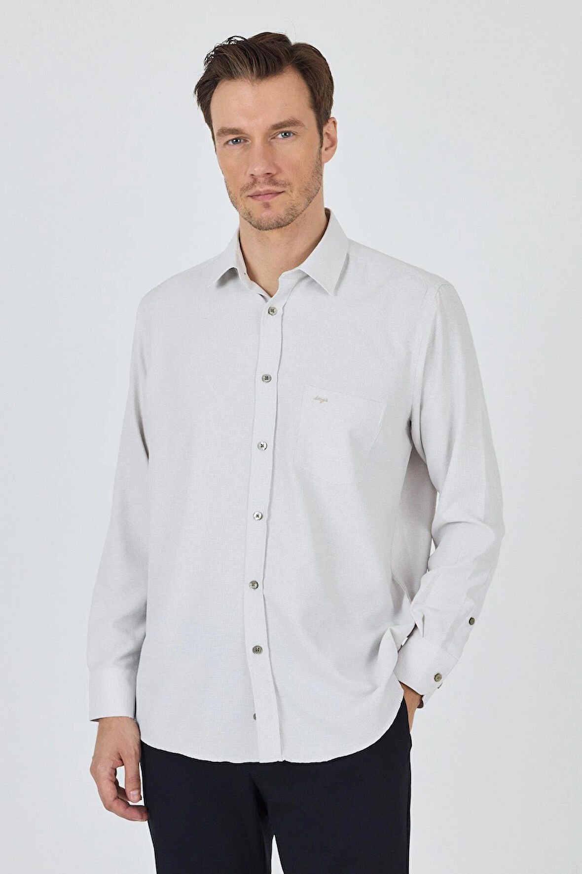 Uzun Kol Desenli Armürlü Sert Yaka cepli Pamuklu Classic Comfort Fit Gömlek 1004250174