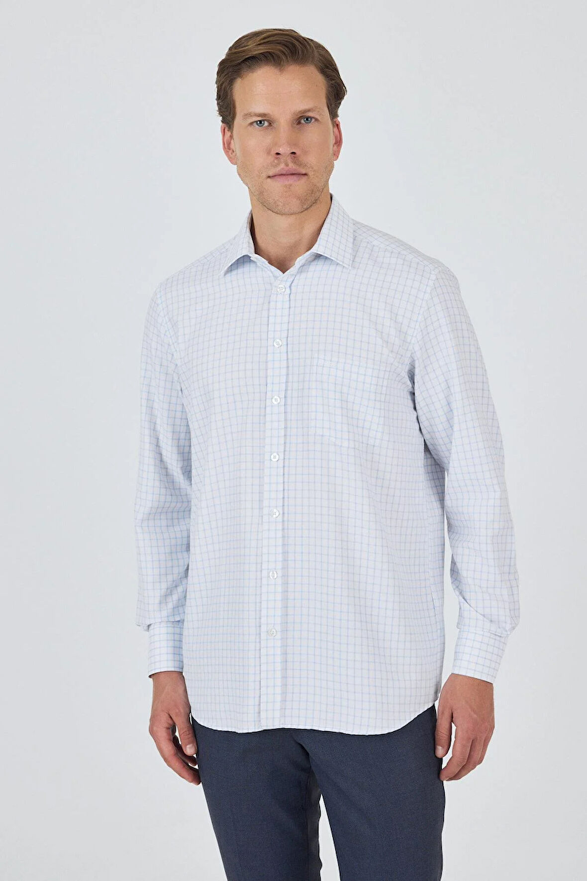 Uzun Kol Kareli Desen Bez Ayağı Sert Yaka cepli Pamuklu Classic Comfort Fit Gömlek 1004250176