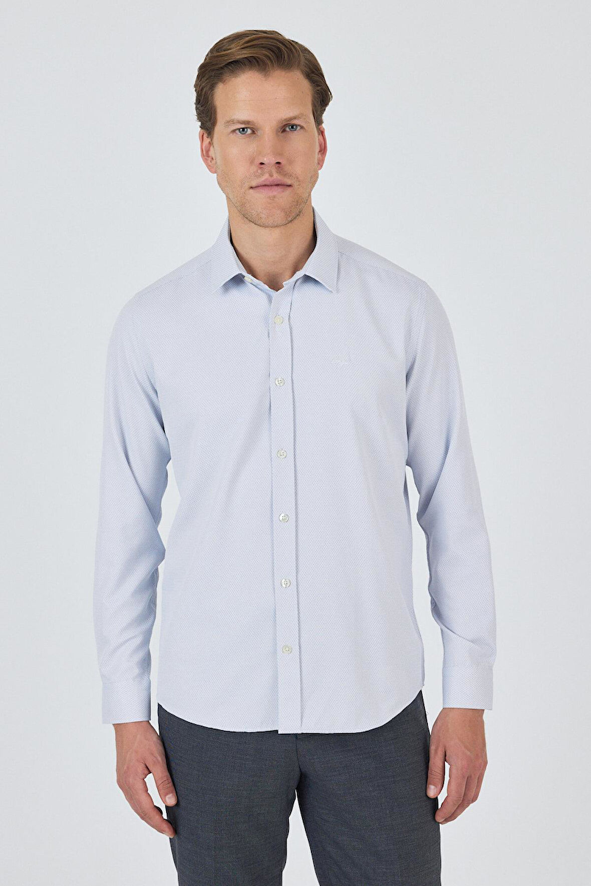 Uzun Kol Desenli Armürlü Sert Yaka Cepsiz Pamuklu Classic Slim Fit Gömlek 1004250184