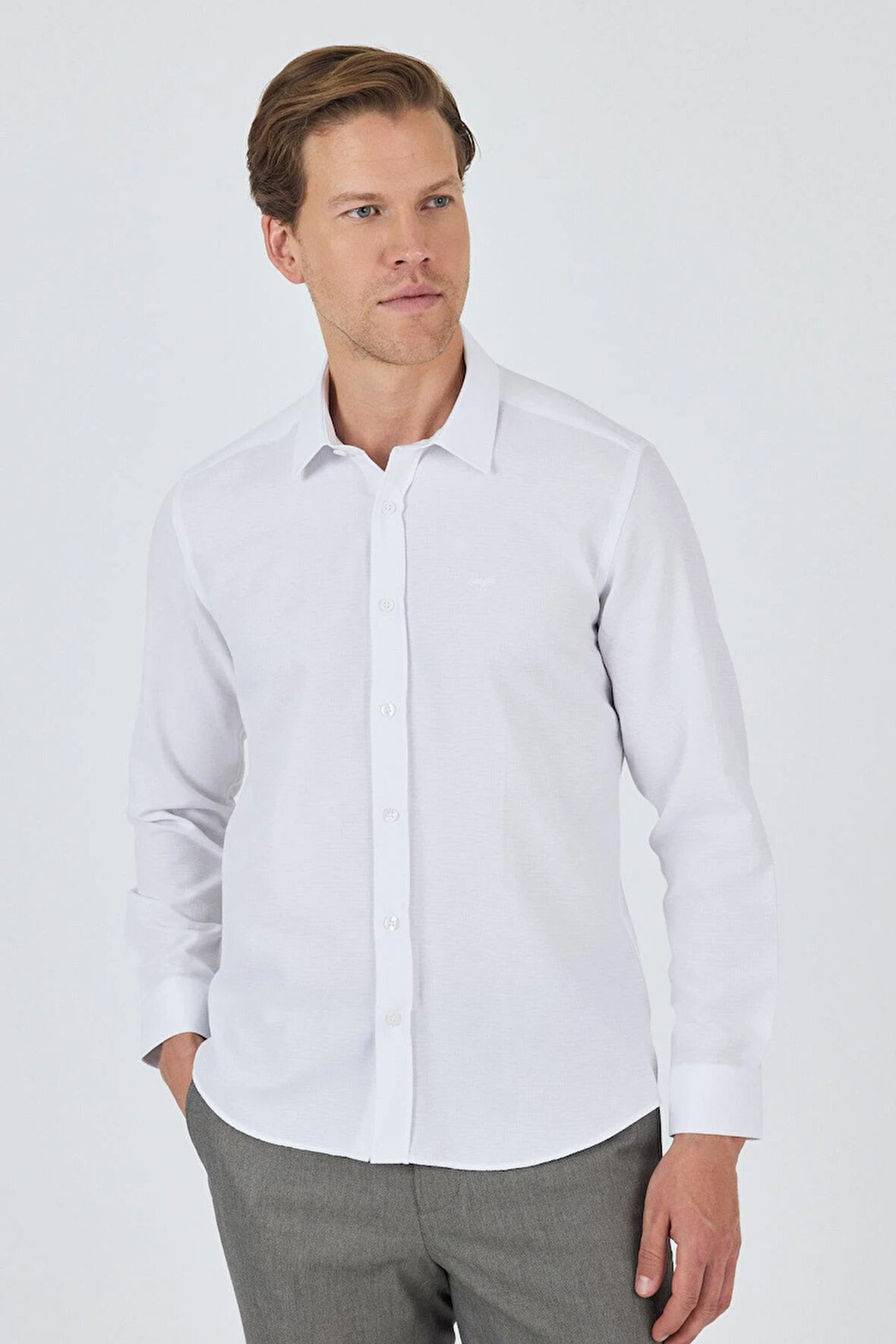 Uzun Kol Desenli Armürlü Sert Yaka Cepsiz Pamuklu Classic Slim Fit Gömlek 1004250191