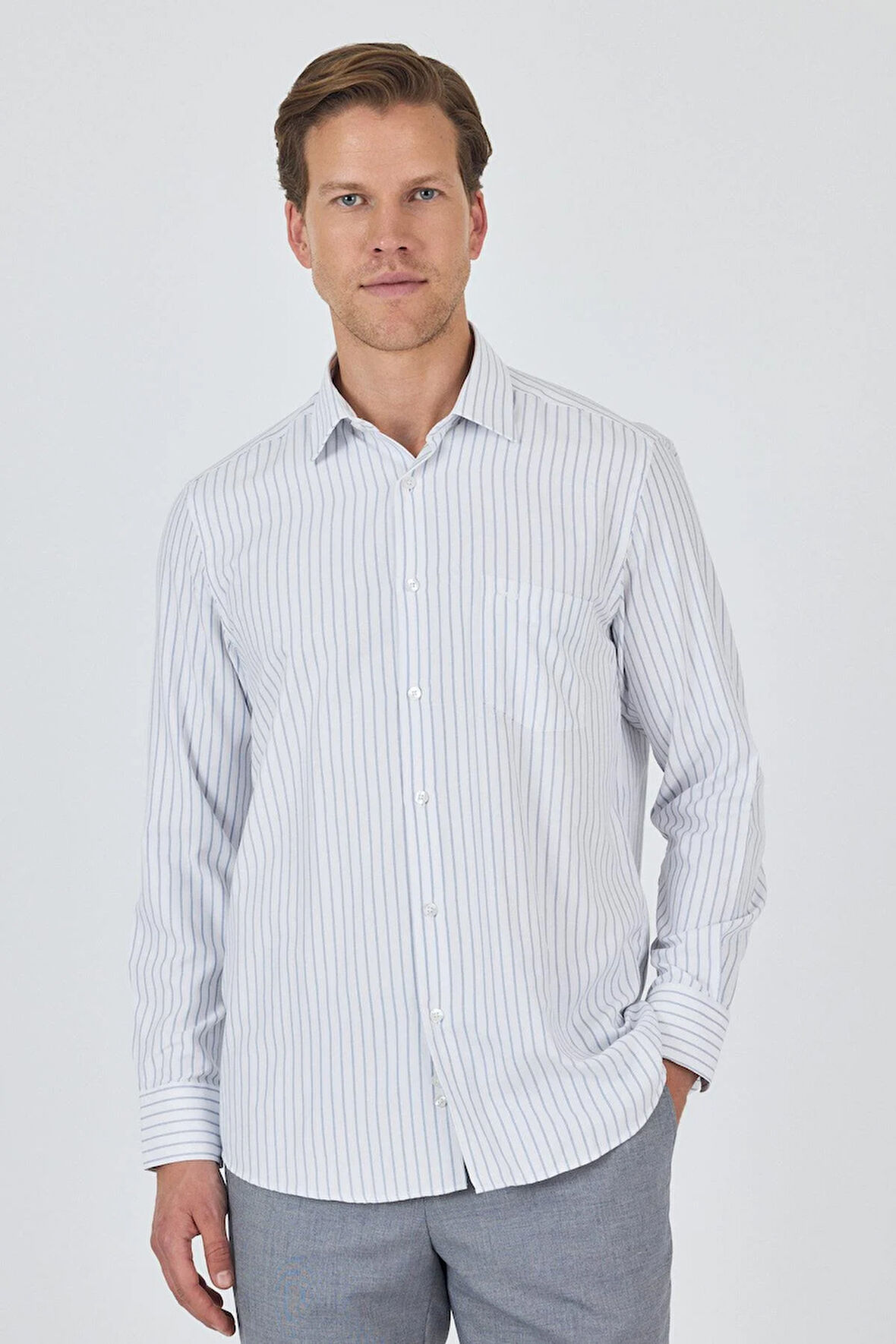 Uzun Kol Çizgili Desen Bez Ayağı Sert Yaka cepli Pamuklu Classic Comfort Fit Gömlek 1004250192