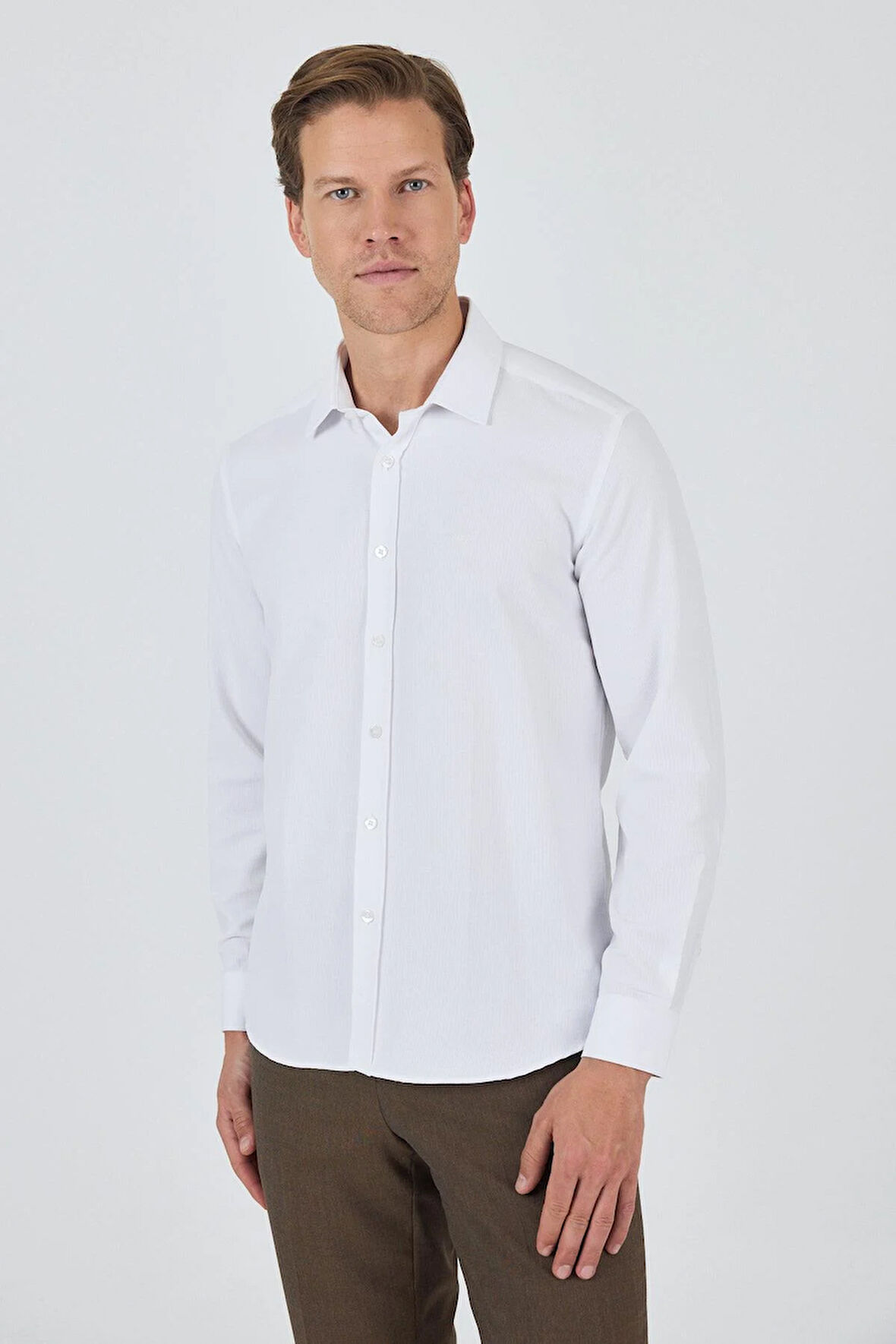 Uzun Kol Desenli Armürlü Sert Yaka Cepsiz Pamuklu Classic Slim Fit Gömlek 1004250194