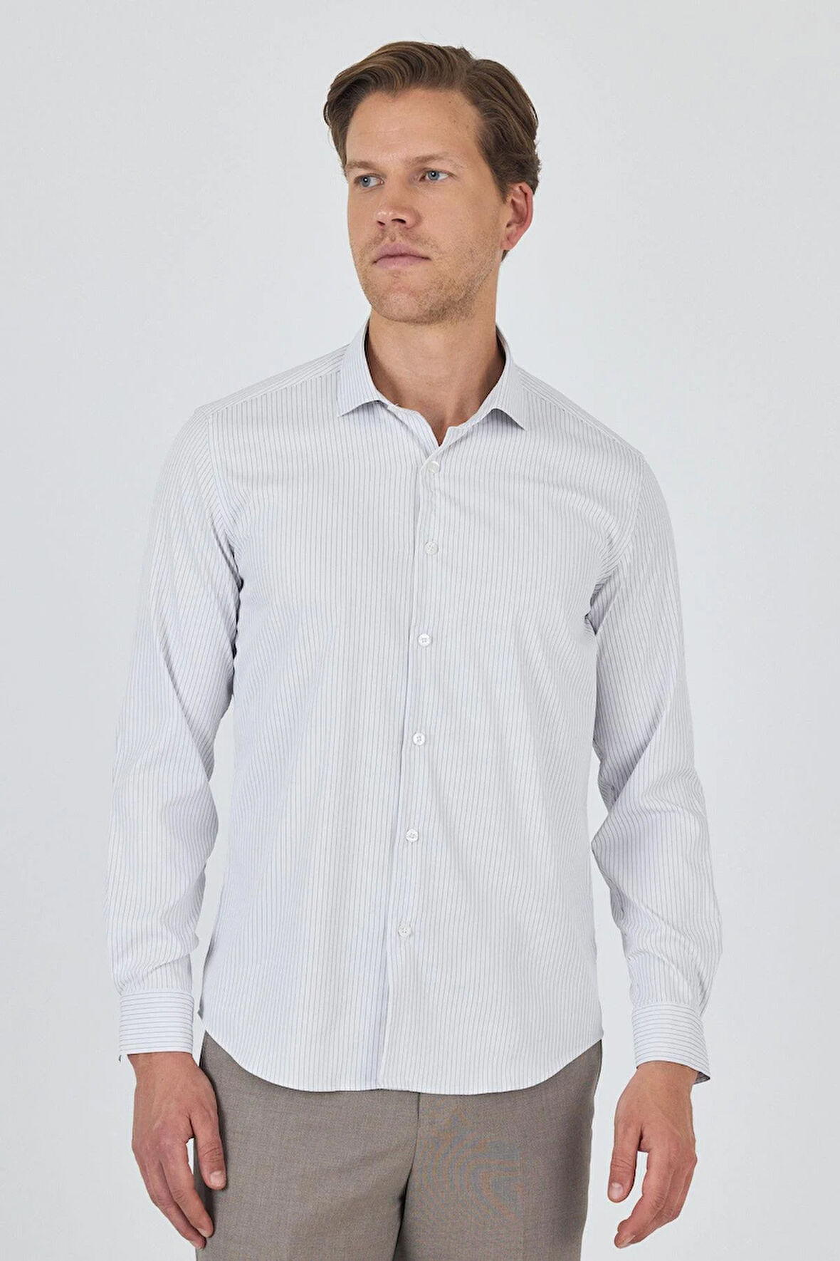 Uzun Kol Çizgili Desen Bez Ayağı İtalyan Yaka Cepsiz Esnek Classic Slim Fit Gömlek 1004250202