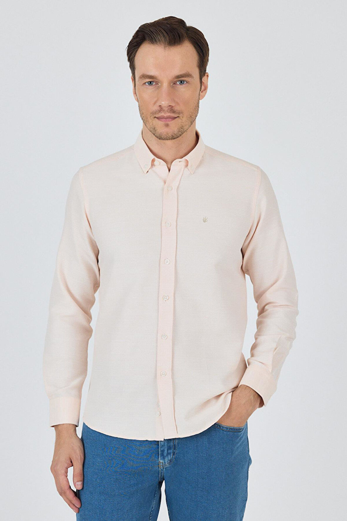 Uzun Kol Desenli Armürlü Düğmeli Yaka Cepsiz Pamuklu Classic Slim Fit Gömlek 1004250205