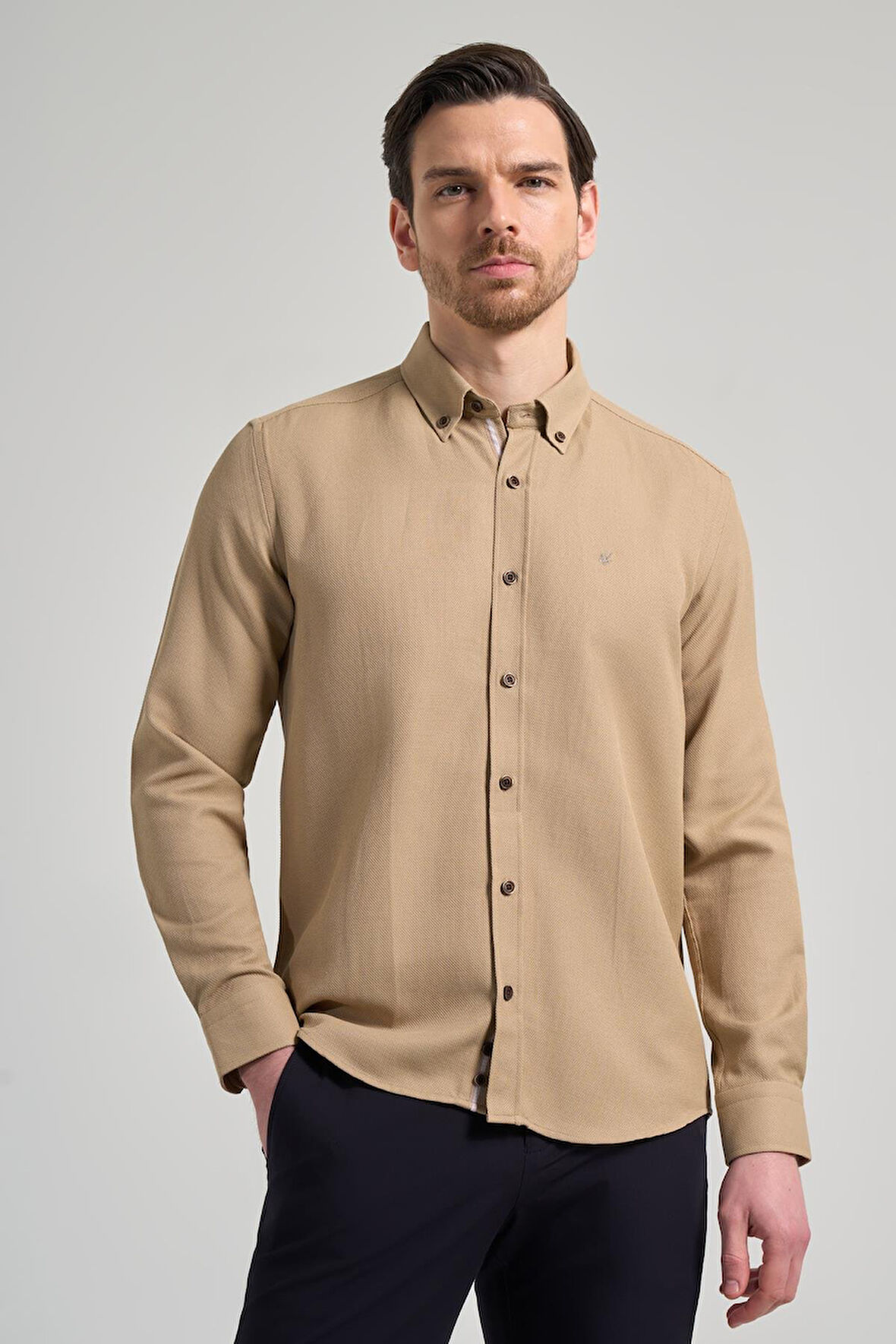 Uzun Kol Desenli Armürlü Düğmeli Yaka Cepsiz Pamuklu Casual Slim Fit Gömlek 1004250206