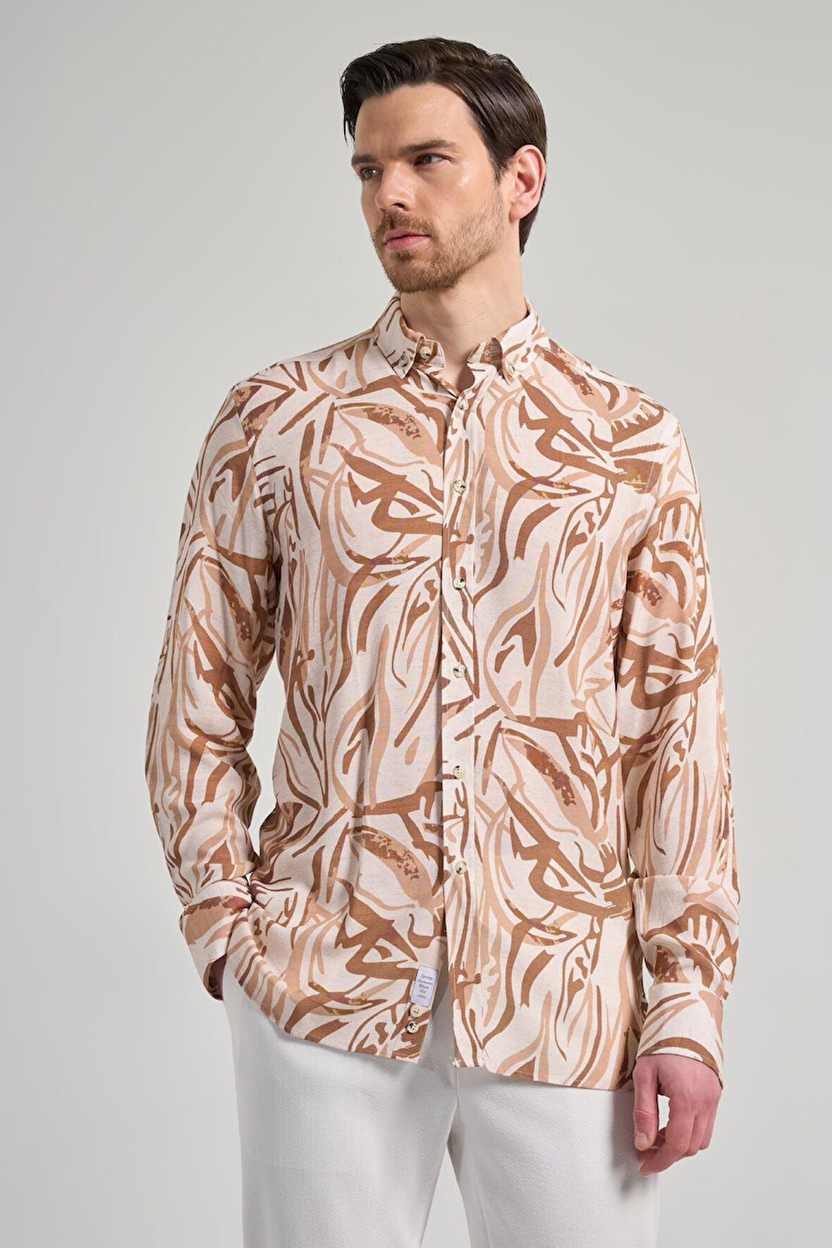 Uzun Kol Desenli Armürlü Düğmeli Yaka Cepsiz Pamuklu Casual Slim Fit Gömlek 1004250206