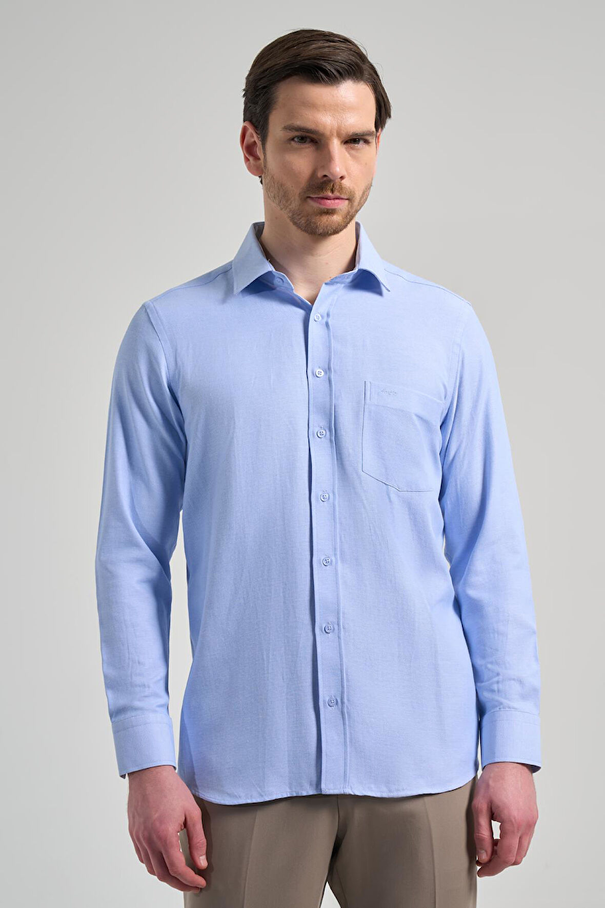 Mavi Sert Yaka Düz Classic Pamuklu Comfort Fit Gömlek 1004250213