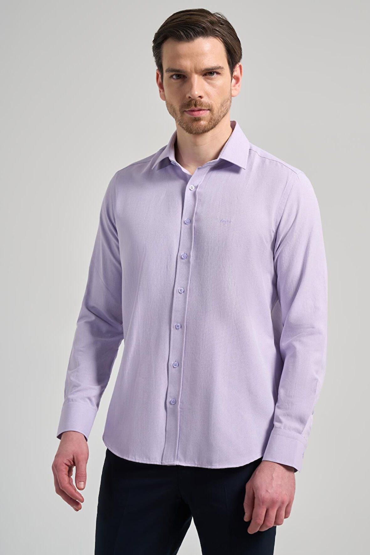 Lila Sert Yaka Düz Classic Pamuklu Slim Fit Gömlek 1004250214