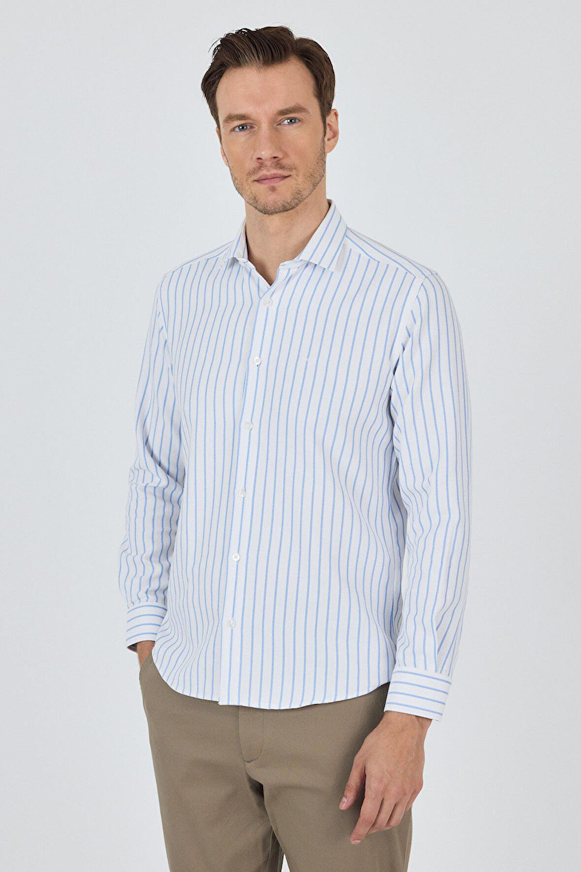 Koyu Mavi Yarım İtalyan Yaka Çizgili Desen Casual Slim Fit Gömlek 1004250216