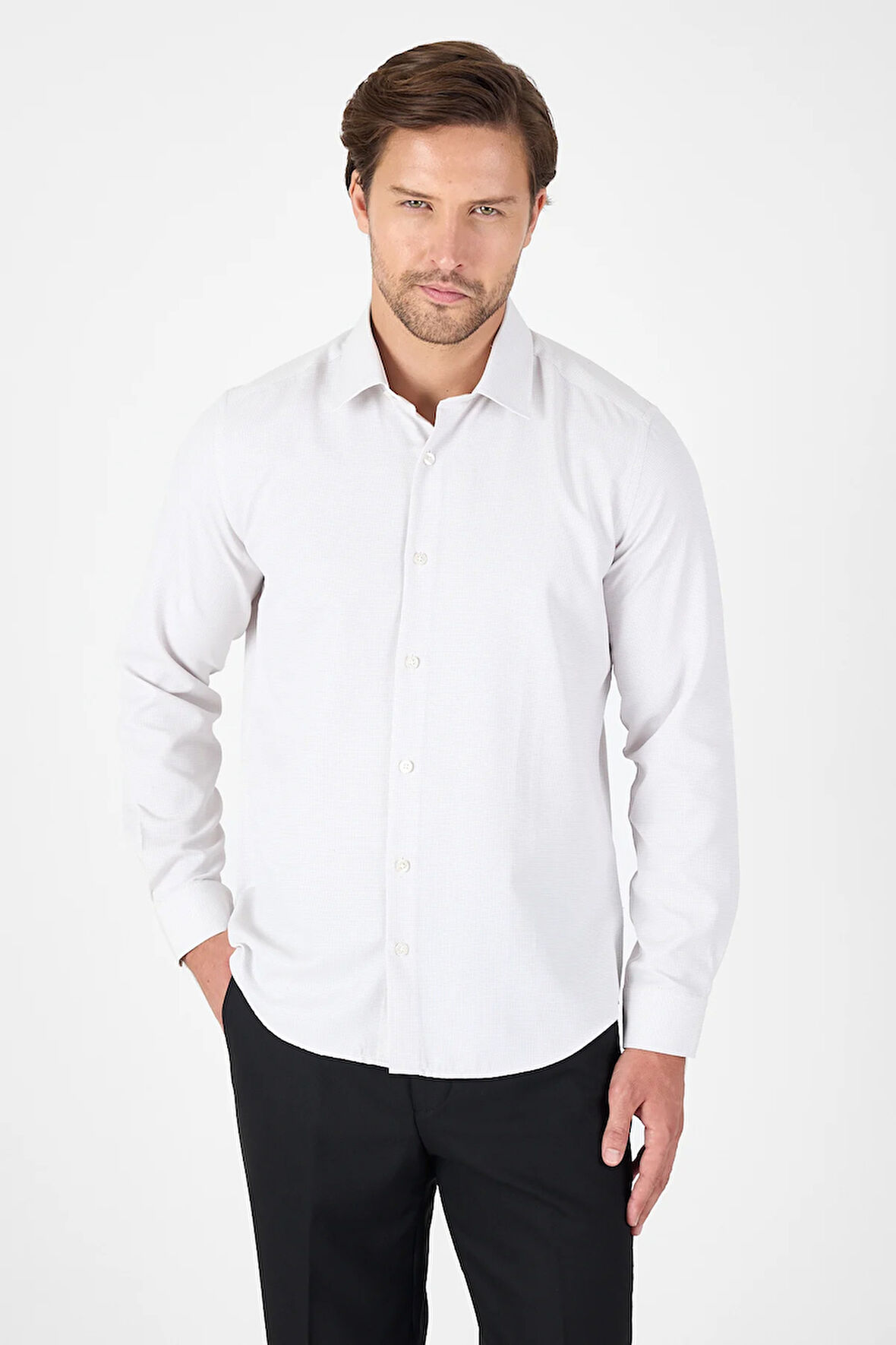 Bej Uzun Kol Sert Yaka Cepsiz  Slim Fit Pamuklu Gömlek 1004250225